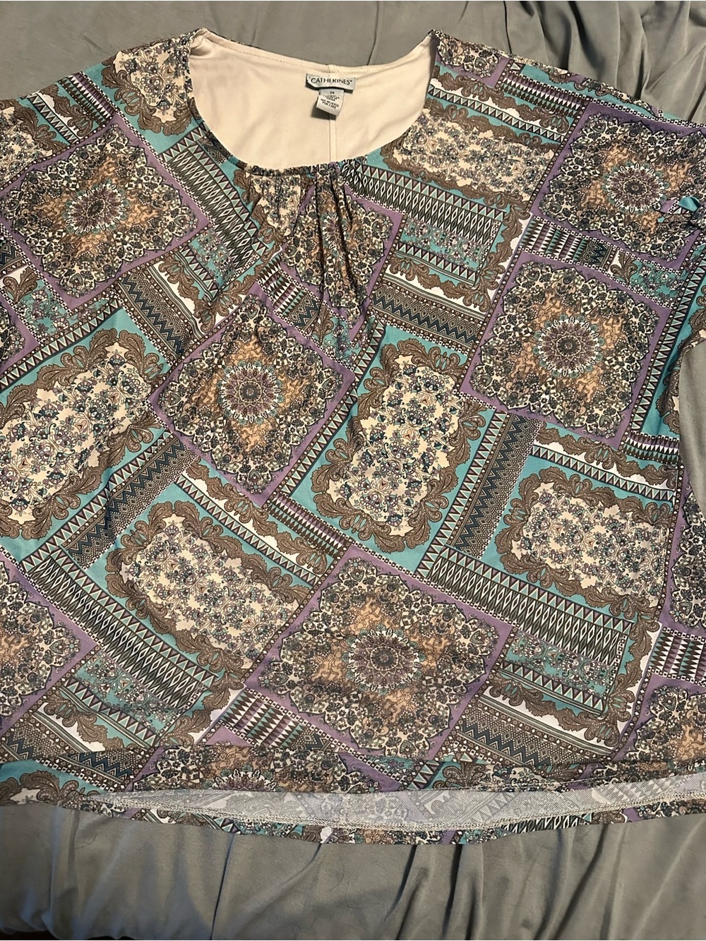 Catherines Lavender, Teal & Beige Printed Short Sleeve Top